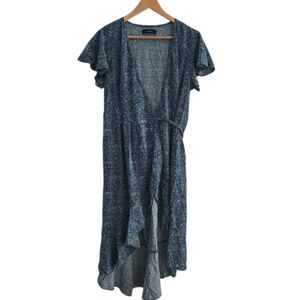 Zessica Deep Turquoise Floral Wrap Dress Sz L Rayon Stretch Midi Cottagecore